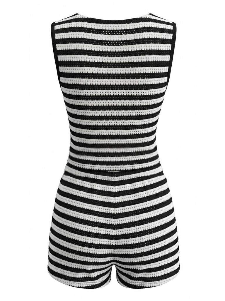 40er Set mit ärmellosem Top und Shorts mit hoher Taille, Streifen in Schwarz