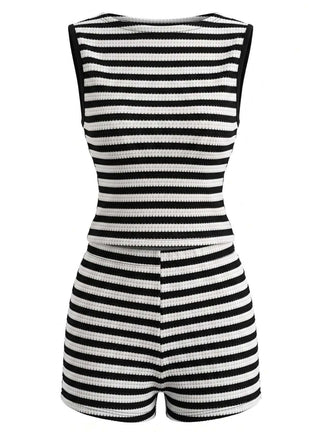 40er Set mit ärmellosem Top und Shorts mit hoher Taille, Streifen in Schwarz