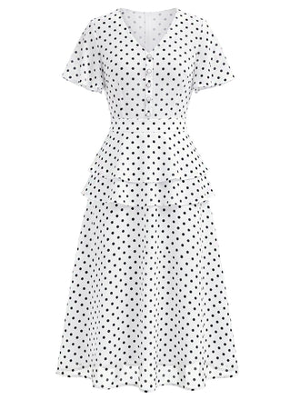 Weißes 40er Kleid mit Polka-Dots und V-Ausschnitt