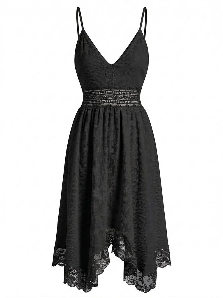 70er Kleid mit V-Ausschnitt, Spaghettiträgern und Struktur-Spitze