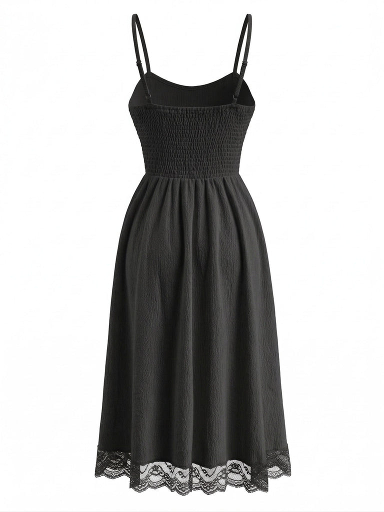 70er Kleid mit V-Ausschnitt, Spaghettiträgern und Struktur-Spitze