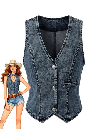 Blau 1970er Denim V-Ausschnitt Ärmellos Knopf Top