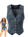 Blau 1970er Denim V-Ausschnitt Ärmellos Knopf Top