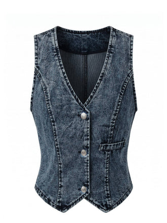 Blau 1970er Denim V-Ausschnitt Ärmellos Knopf Top