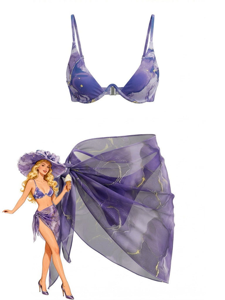 Lila 1980er Marmor-Print Triangel Bikini Set & Cover-Up