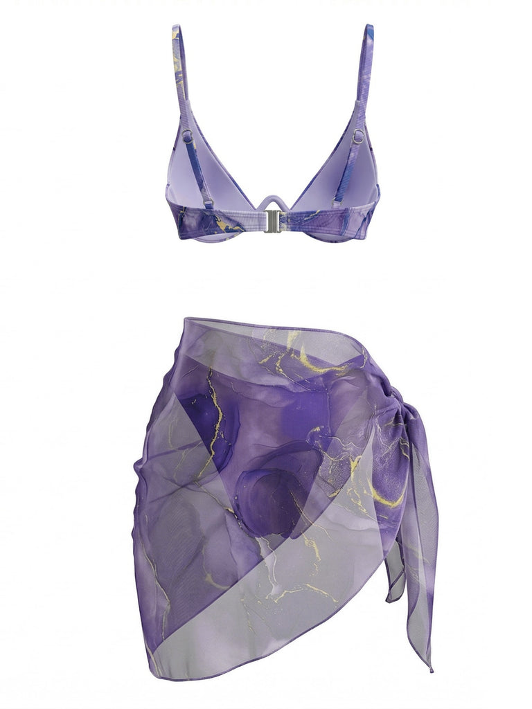 Lila 1980er Marmor-Print Triangel Bikini Set & Cover-Up