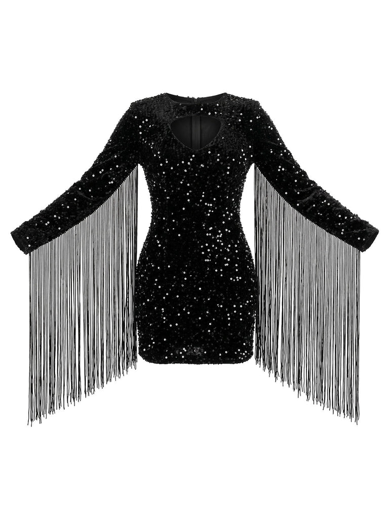 80er langärmliges Paillettenkleid mit Schlüsselloch und Fransen