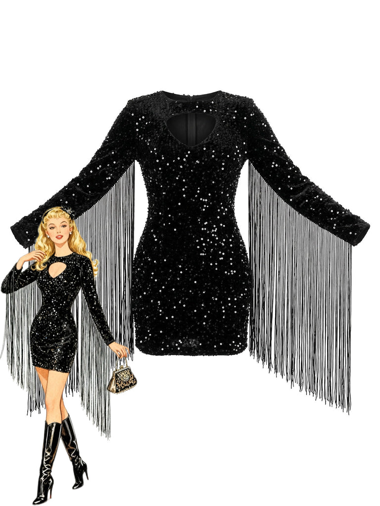 80er langärmliges Paillettenkleid mit Schlüsselloch und Fransen