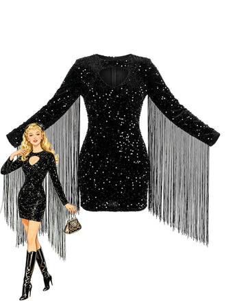 80er langärmliges Paillettenkleid mit Schlüsselloch und Fransen