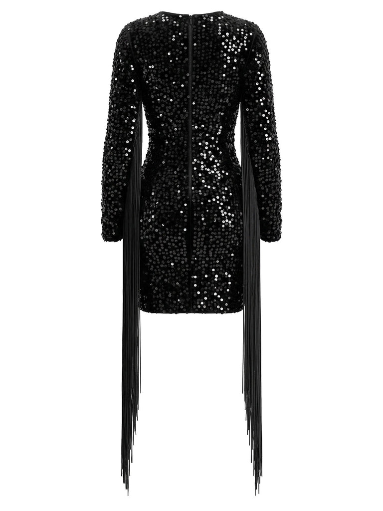 80er langärmliges Paillettenkleid mit Schlüsselloch und Fransen