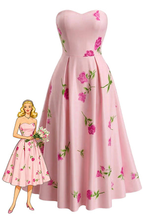 1940er Trägerlos Blumen High Waist Swing Kleid