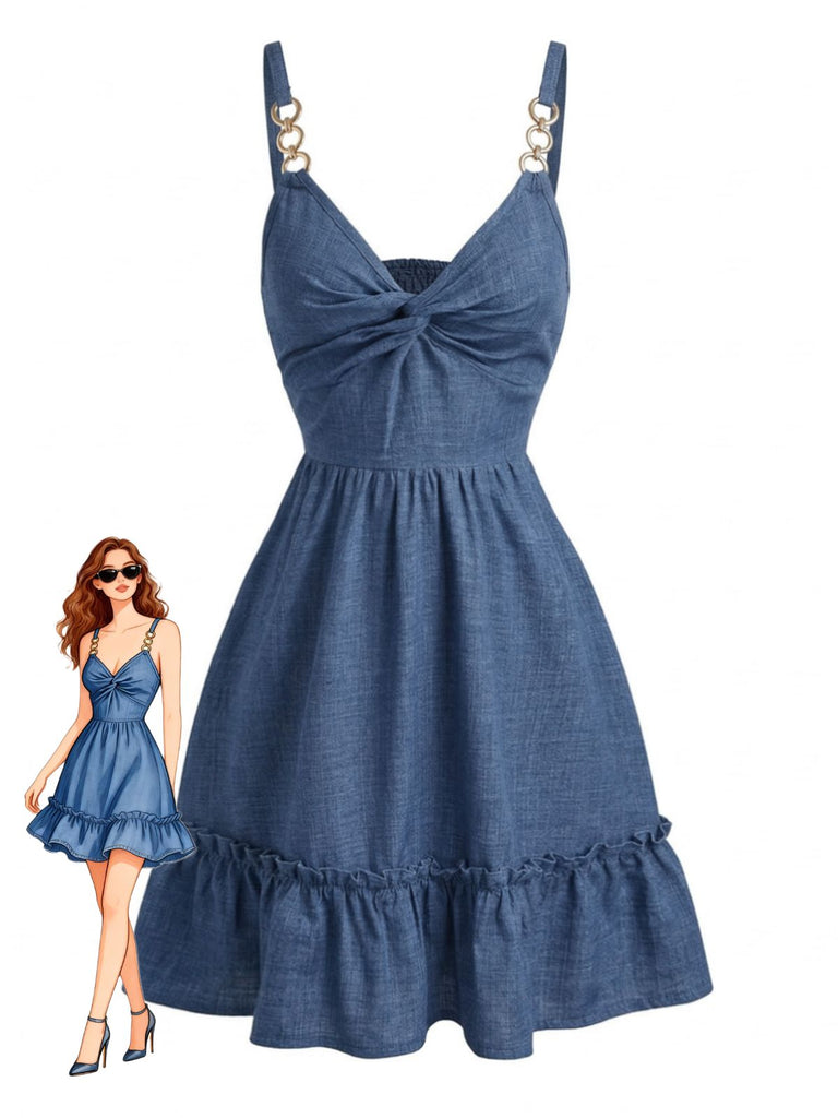 Blaues 1960er Twist Knot Spaghetti Träger Rüschenkleid