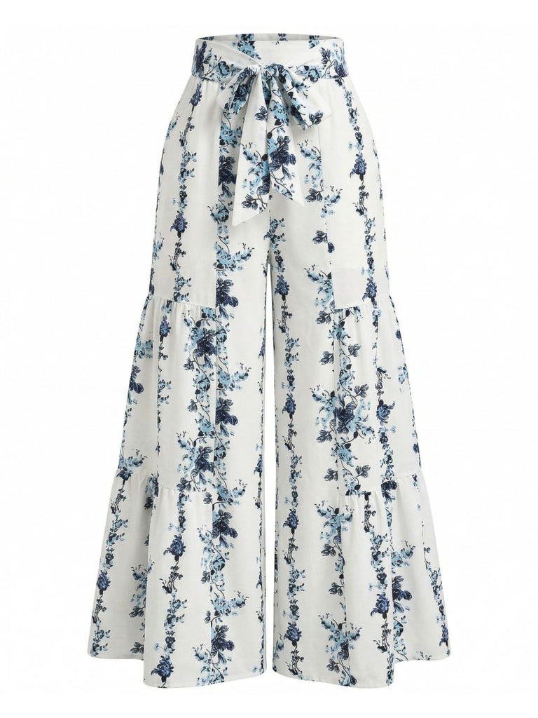 Graue 70er Boho Hose mit Blumen und Rüschensaum