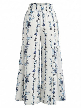 Graue 70er Boho Hose mit Blumen und Rüschensaum
