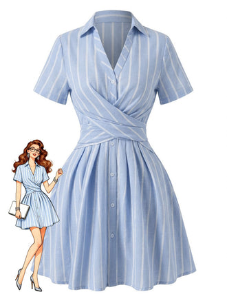 Blau 1950er Längs Streifen Johnny Kragen Überkreuzt Kleid