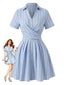 Blau 1950er Längs Streifen Johnny Kragen Überkreuzt Kleid