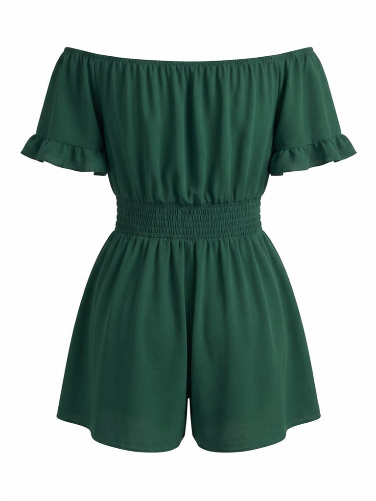 1940er Uni Schulterfrei Rüschenärmel Gesmokt Taille Romper