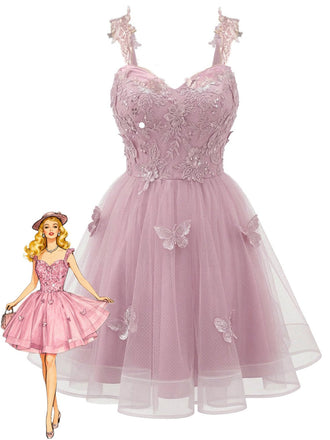 [Vorverkauf] Rosa 1960er Schmetterling Tüll Glitzer Heimkehr Kleid