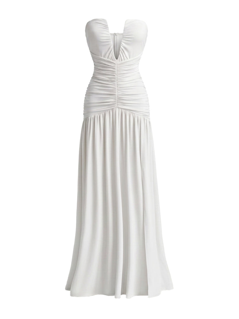 Trägerloses 70er Maxikleid mit tiefem V-Ausschnitt, Raffung und hohem Schlitz