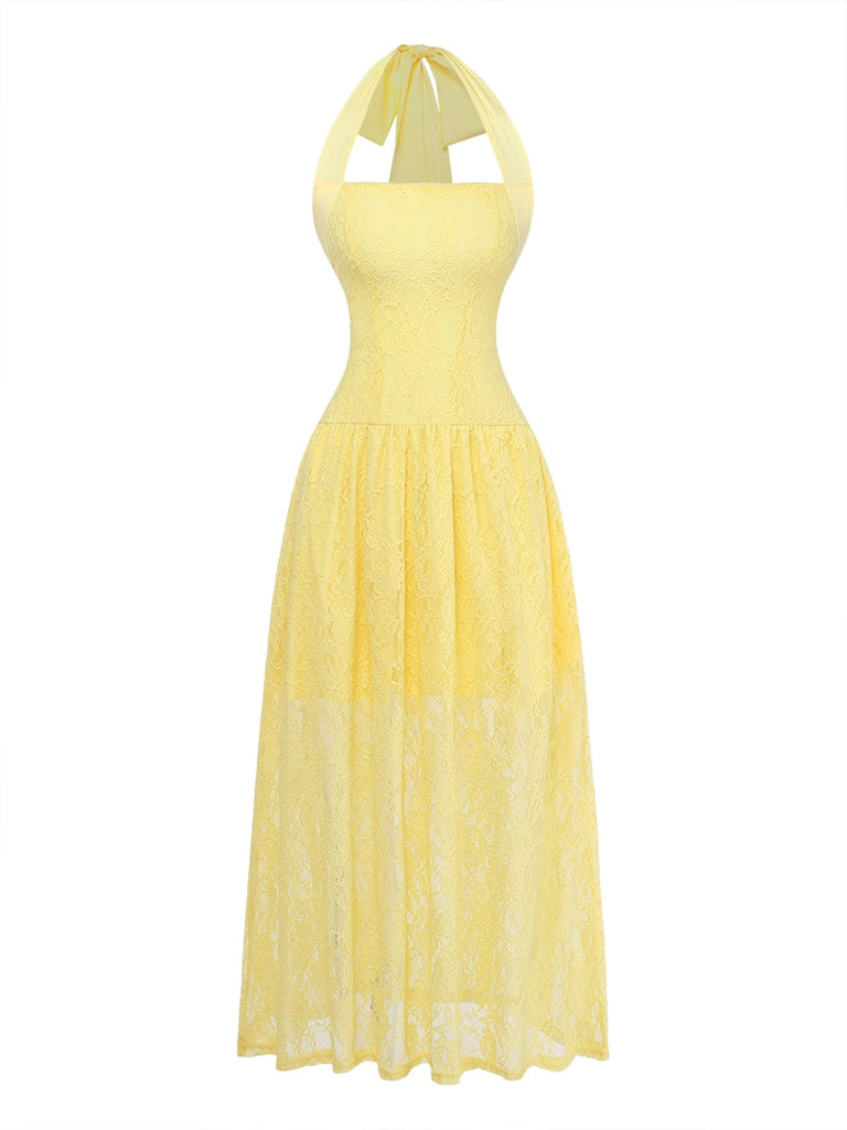 1950er Rückenfreies Spitze Uni Neckholder Kleid