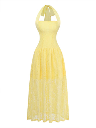 1950er Rückenfreies Spitze Uni Neckholder Kleid