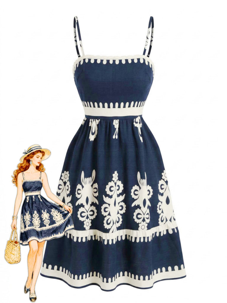 70er Boho Kleid mit Spaghettiträgern und Smok