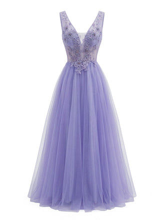 50er Maxikleid mit V-Ausschnitt, Tüll und bestickt in Lila