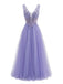 50er Maxikleid mit V-Ausschnitt, Tüll und bestickt in Lila