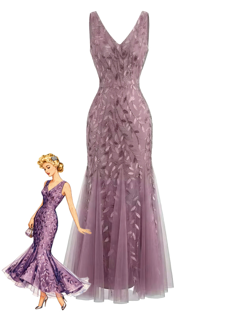 1930er Stickerei V-Ausschnitt Ärmellos Netz Slim Kleid