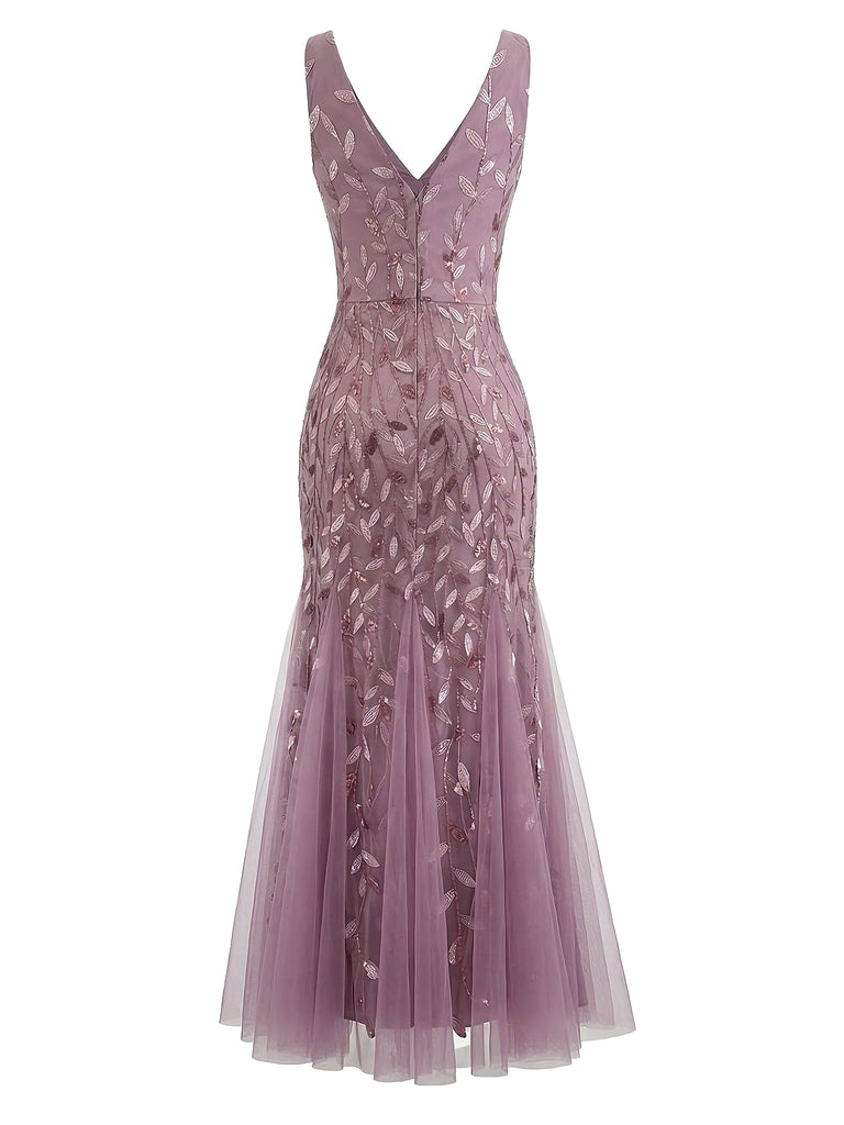 1930er Stickerei V-Ausschnitt Ärmellos Netz Slim Kleid