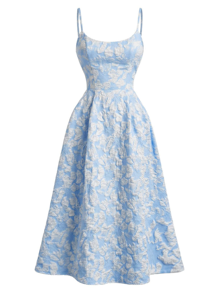 Rosa 1950er Blumen Jacquard Strukturiert Spaghetti Träger Midi Kleid