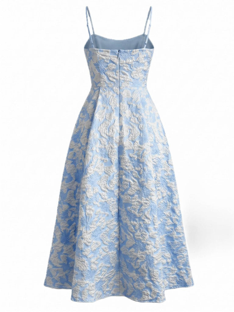 Rosa 1950er Blumen Jacquard Strukturiert Spaghetti Träger Midi Kleid