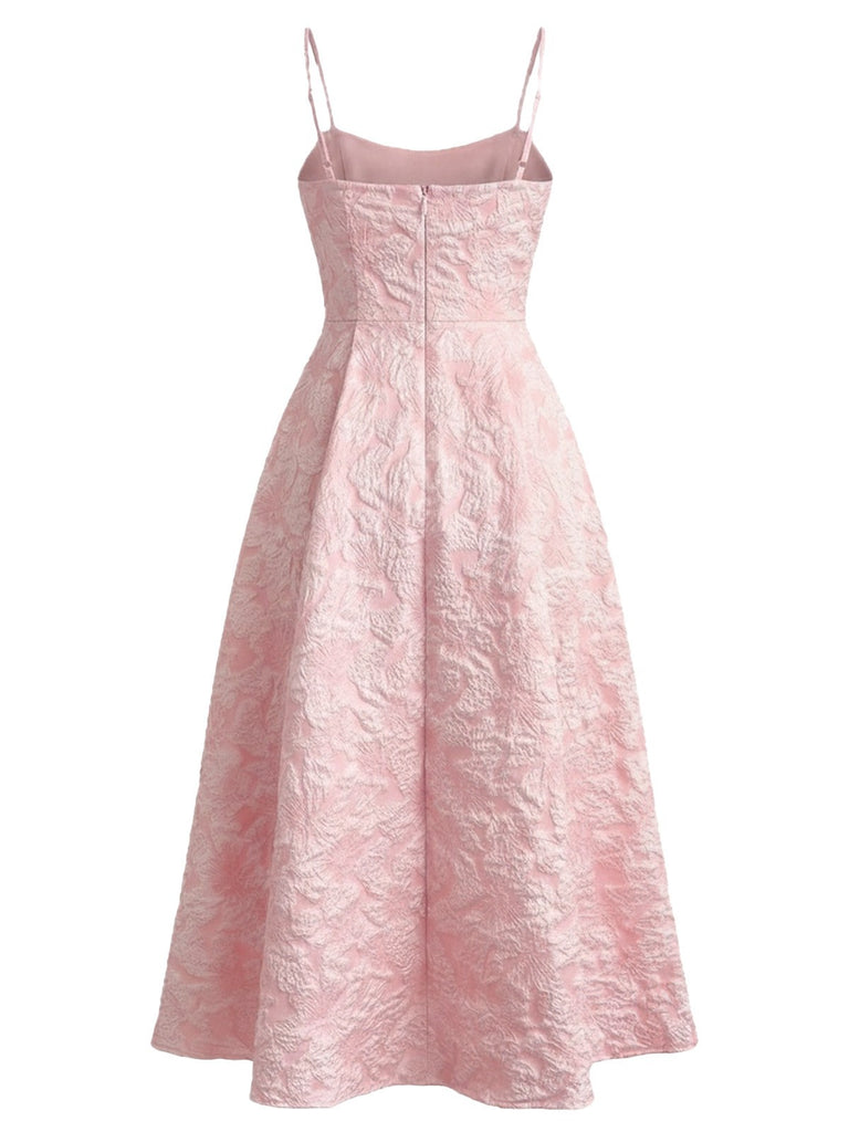 Rosa 1950er Blumen Jacquard Strukturiert Spaghetti Träger Midi Kleid