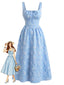 Blau 1940er Karree Ausschnitt Empire-Taille Jacquard Gesmoktes Kleid