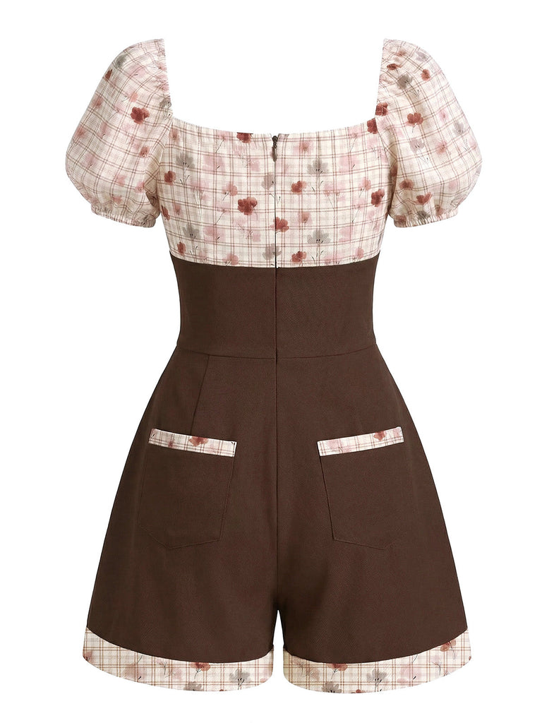 Brauner 1950er Kariert Blumen Karree Ausschnitt Puffärmel Strampler