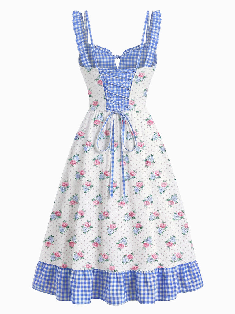 Blau 1950er Blumen Gingham Kariertes Trägerkleid
