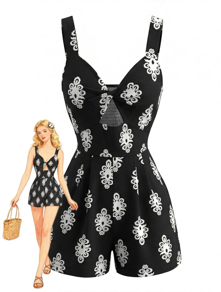 Schwarzer Strampler im Stil der 1950er Jahre mit Cut-outs und Twist-Front