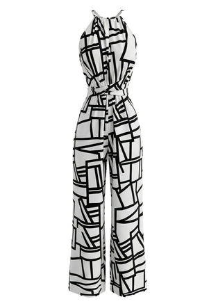 Weißer 70er Jumpsuit mit Neckholder und Geometrisch