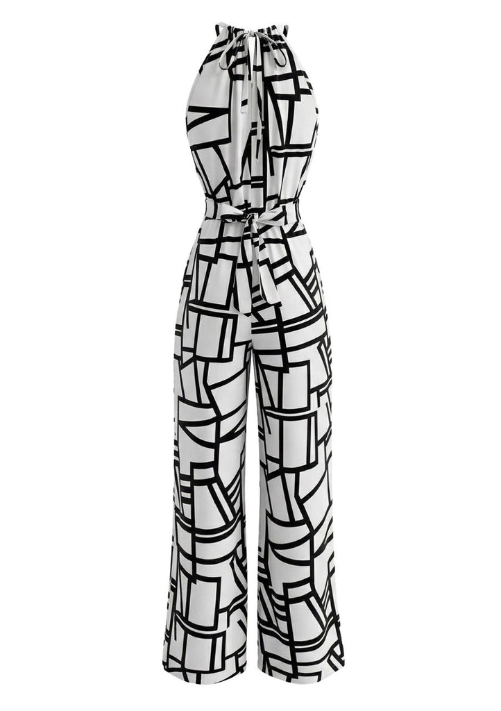 Weißer 70er Jumpsuit mit Neckholder und Geometrisch