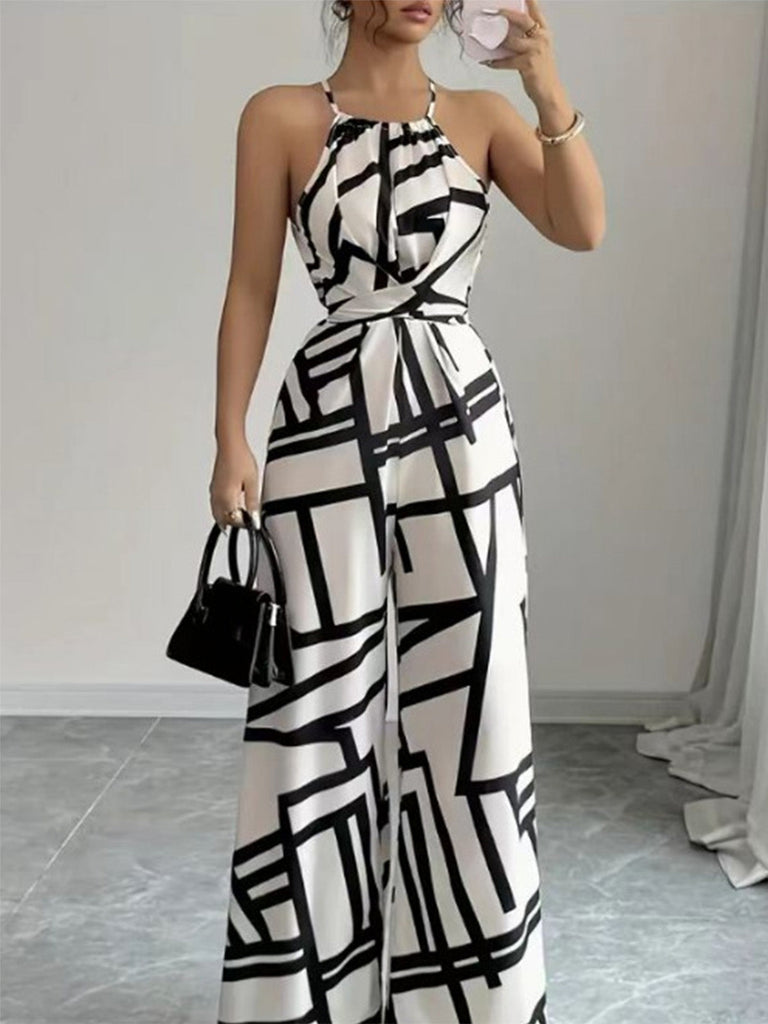 Weißer 70er Jumpsuit mit Neckholder und Geometrisch