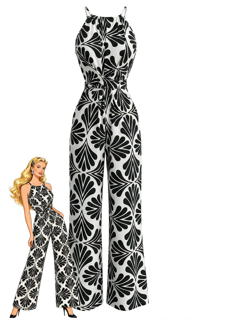 Schwarzer Jumpsuit im Stil der 1930er Jahre mit Neckholder, abstraktem Muster und Gürtel