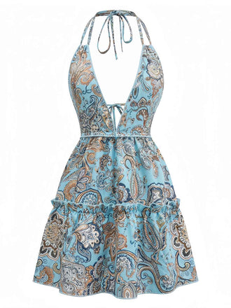 70er Boho Minikleid mit Tiefer V-Ausschnitt und Neckholder