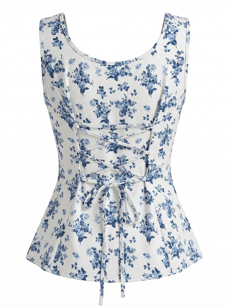 Blaues 50er Ärmelloses Top mit Blumen-Print und Eckiger Ausschnitt