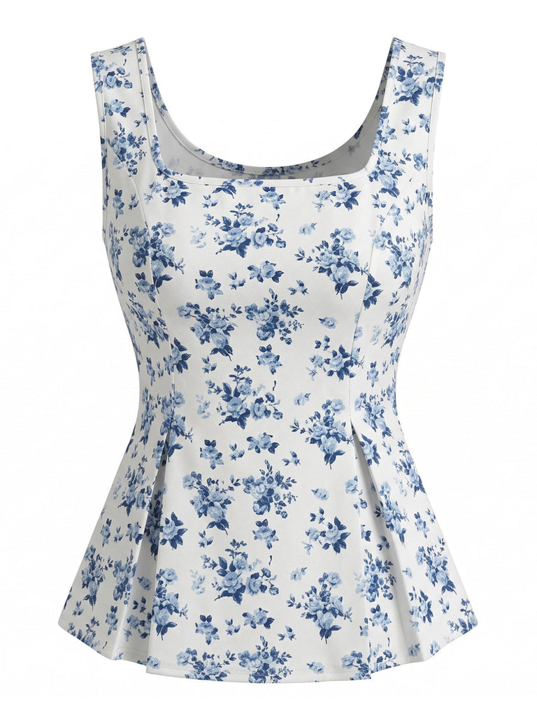 Blaues 50er Ärmelloses Top mit Blumen-Print und Eckiger Ausschnitt