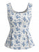 Blaues 50er Ärmelloses Top mit Blumen-Print und Eckiger Ausschnitt