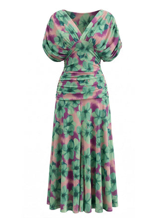 Grünes 40er Kleid mit V-Ausschnitt und Blumen