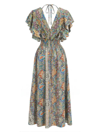 Mehrfarbiges 70er Smockkleid mit Rüschen und Böhmen