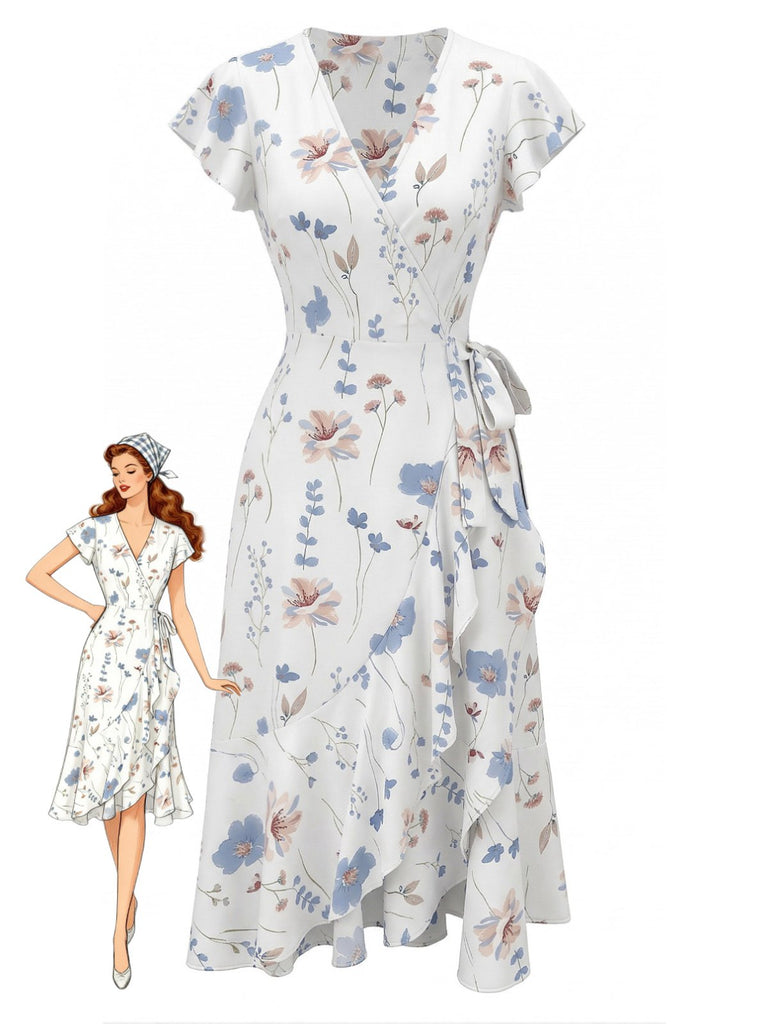 Weißes 40er Wickelkleid mit Flatterärmel und Blumen-Print