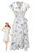Weißes 40er Wickelkleid mit Flatterärmel und Blumen-Print