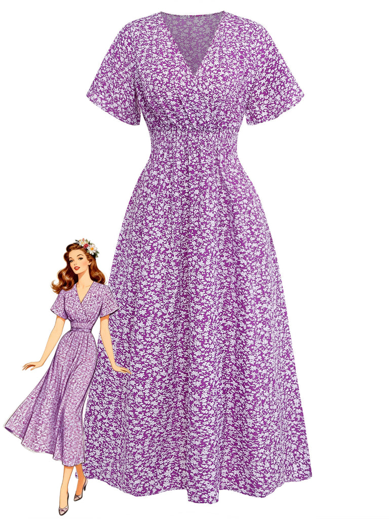 Lila 40er Midikleid mit Ditsy-Blumen und Figurbetont